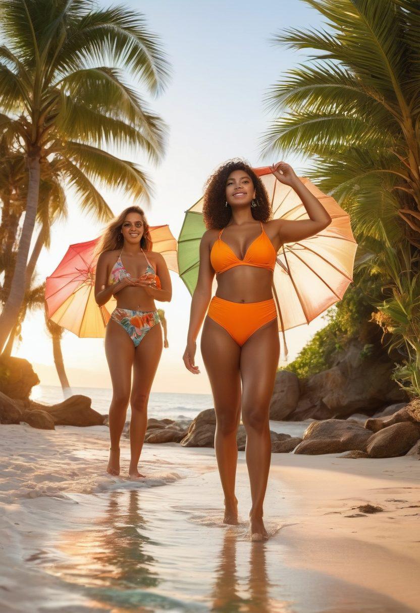 A vibrant beach scene showcasing diverse models of all body types confidently wearing stylish two-piece swimsuits, enjoying summer activities like sunbathing, playing beach volleyball, and lounging by the ocean. The sun is setting, casting a warm golden glow over the scene, with colorful beach umbrellas and tropical plants in the background. Emphasize confidence, joy, and body positivity. super-realistic. vibrant colors. summer vibes.