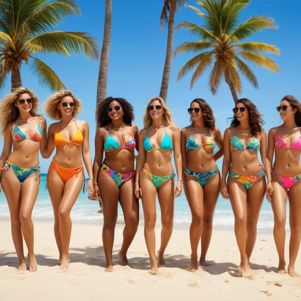 A vibrant beach scene featuring a diverse group of people wearing an array of bold, colorful swimwear, showcasing string bikinis and tropical patterns. The backdrop should include palm trees, bright sunshine, and sandy shores with waves crashing. Capture the carefree, joyful spirit of seaside fashion. Emphasize rich colors and dynamic poses that convey fun and style. tropical, super-realistic, vibrant colors.