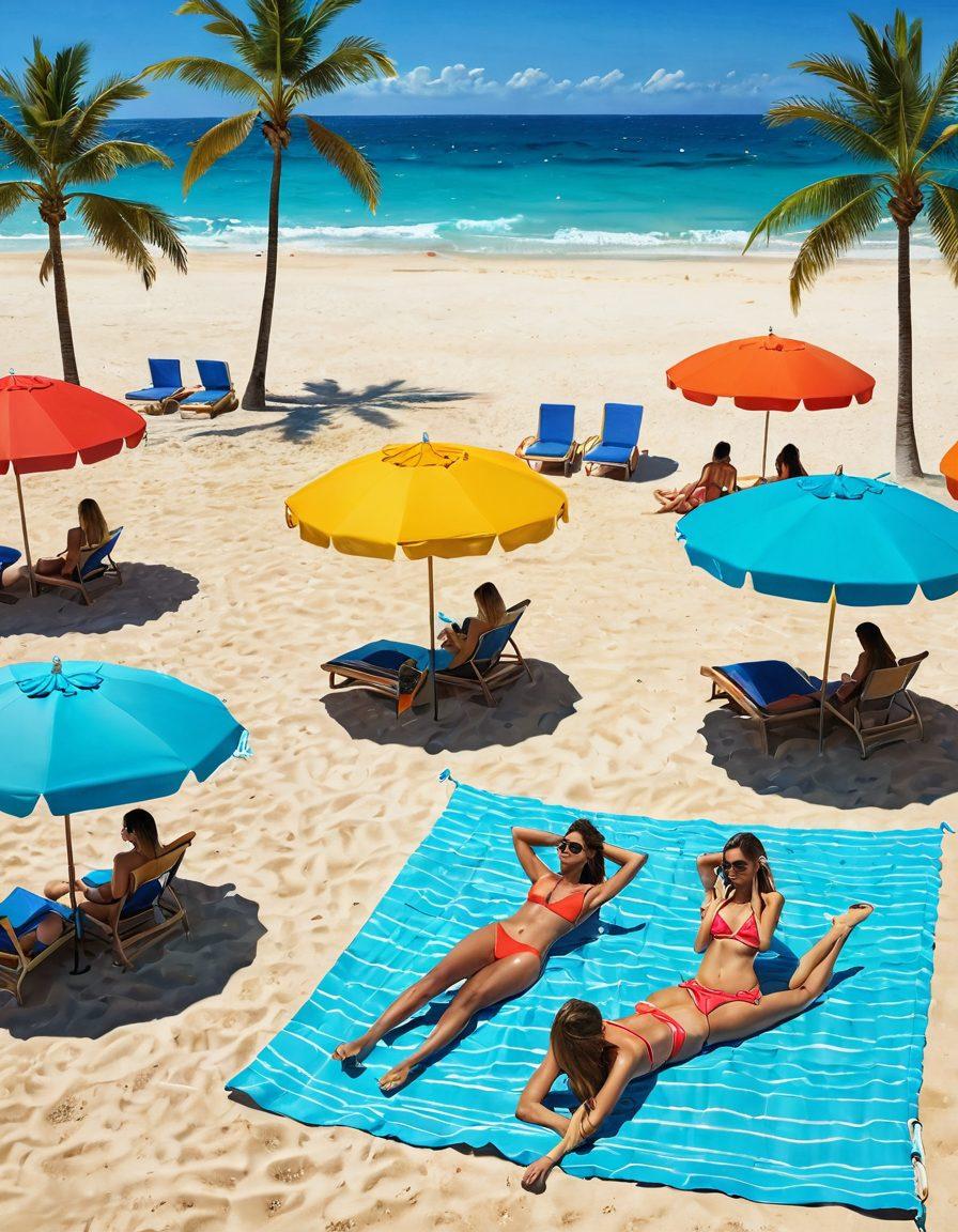 A vibrant beach scene showcasing a diverse group of individuals in stylish bikinis and beachwear, sunbathing, playing volleyball, and enjoying tropical drinks. The background features crystal-clear turquoise water and golden sand under a bright blue sky, with palm trees swaying gently. Elements like colorful beach towels, sunglasses, and beach umbrellas add to the summer vibe. super-realistic. vibrant colors. sunny atmosphere.